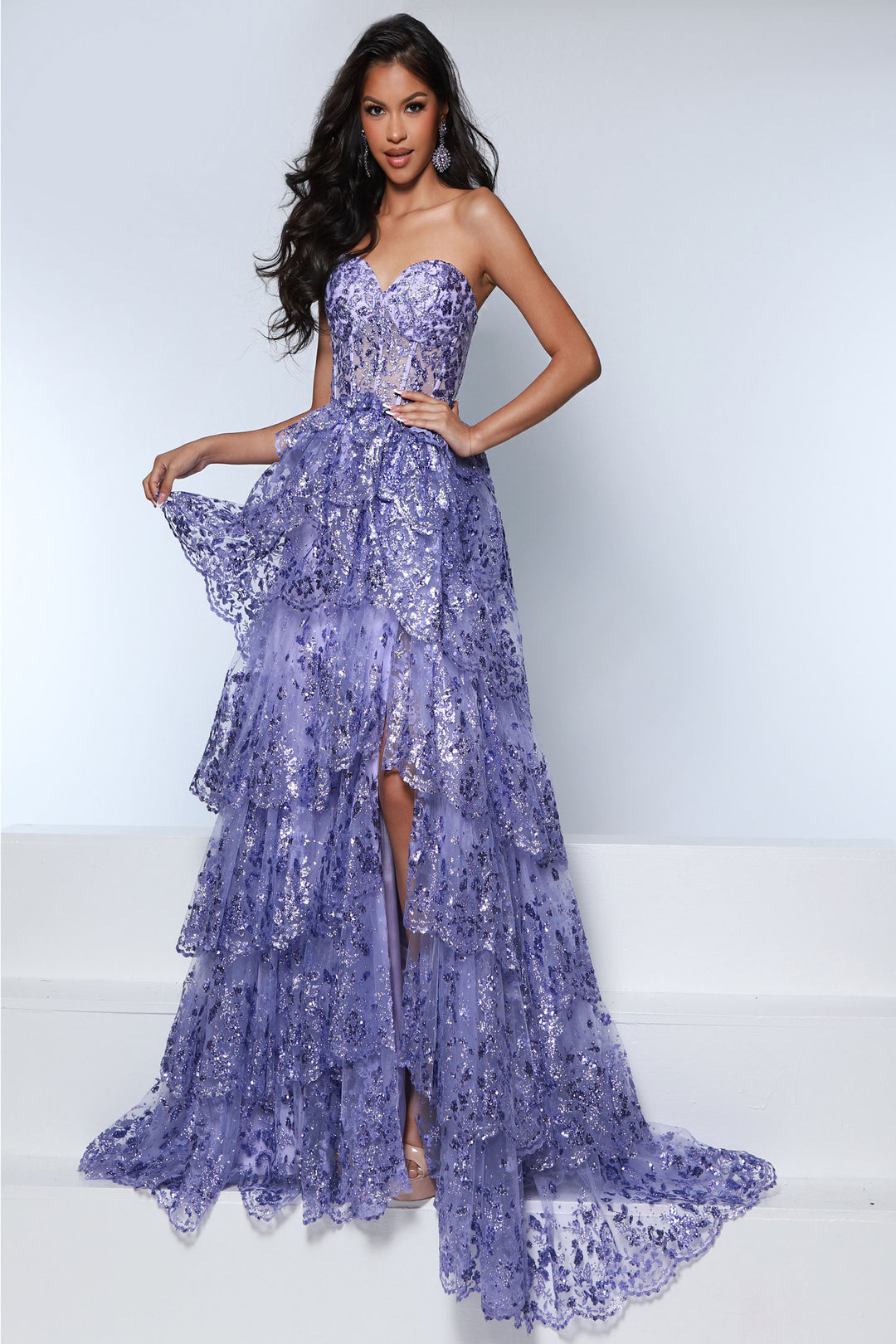 fitted lace wedding dress 1950s Purple and Turquoise Floral Organza Ruched Dress main image 1