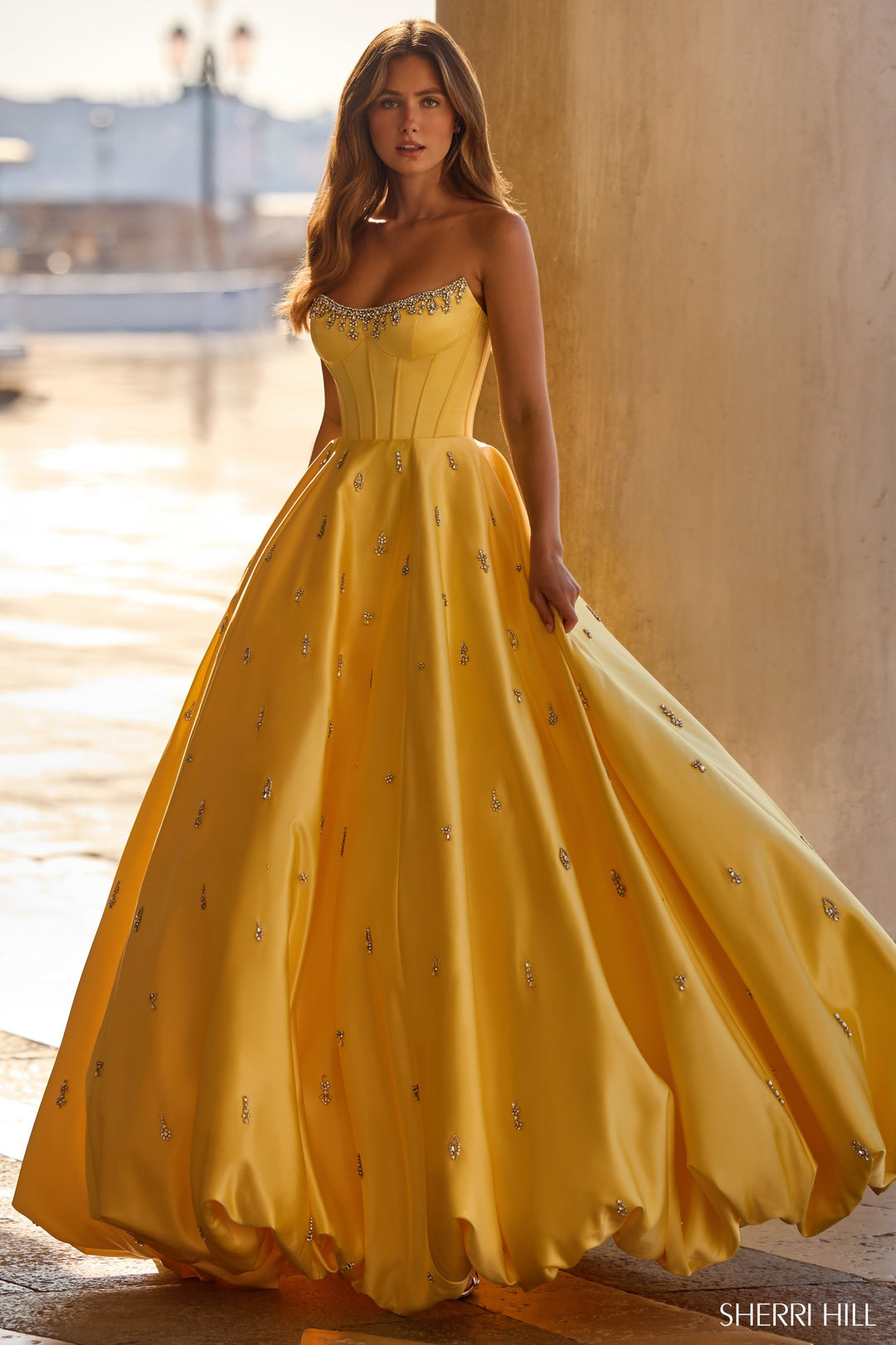 yellow sherri hill prom dress 57575 – Gemini Bridal Couture Floral Applique Bride The combination of playful Model Shelby One-Piece Size:S