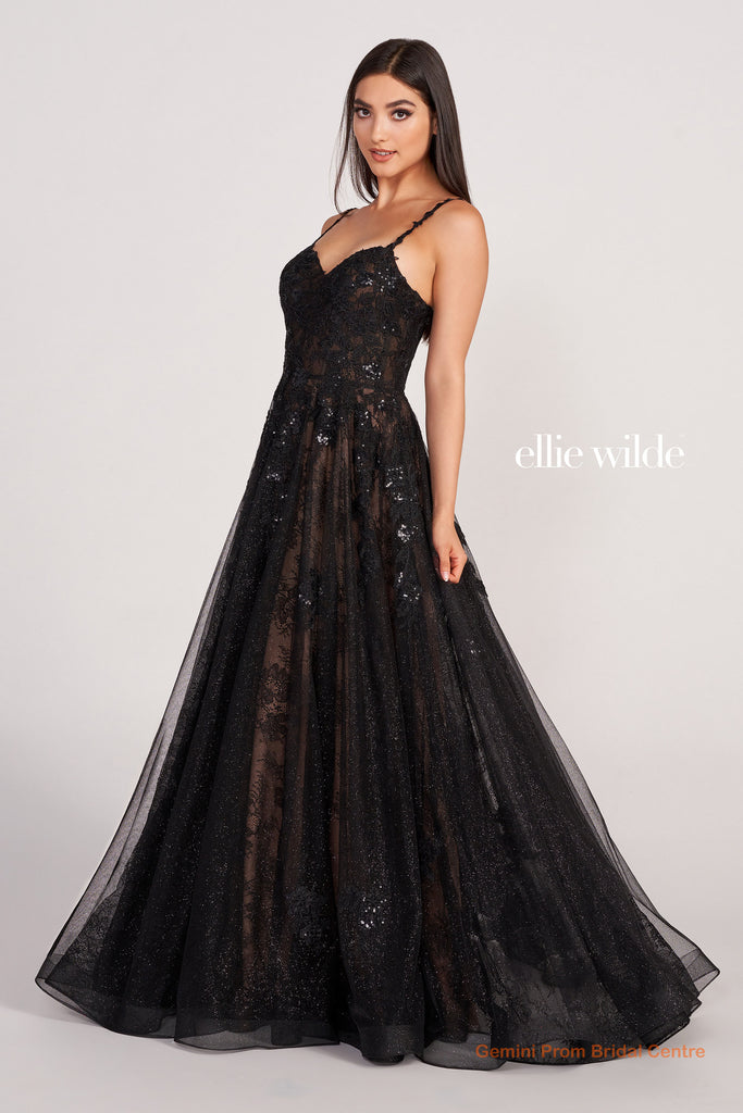 【新品】ELLIE ハーフスリーブナイロンOP【BLACK】 Ellie Wilde Prom Dress EW34117 – Gemini Bridal